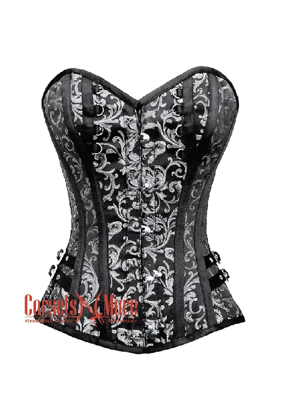 Corset top in light violet-Black and Silver Brocade Steampunk Overbust Gothic Costume Corset