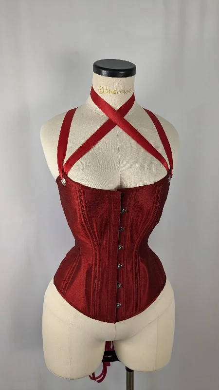 Corset for retro elegance-Red Silk Scoop Neck Steel Boned Overbust Corset