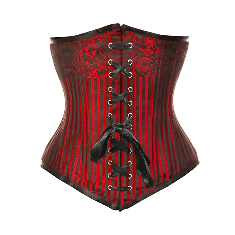 Corset with lace trim-Red Brocade Double Boned Black Ribbon Design Long Underbust Steampunk Corset