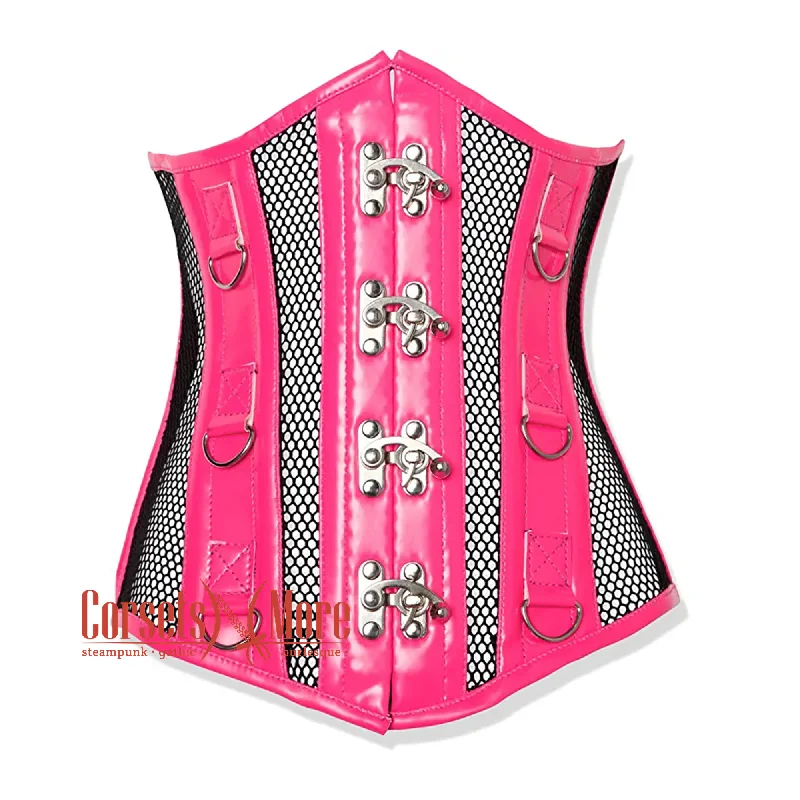 Corset with sheer trim-Steampunk Hot Pink Pvc Leather With Black Mesh Costume Basque Underbust Top