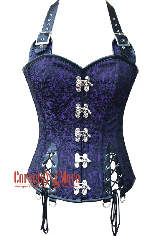 BDSM toy cuff tones-Purple Black Brocade Black Leather Belts halter Neck Overbust Sexy Corset