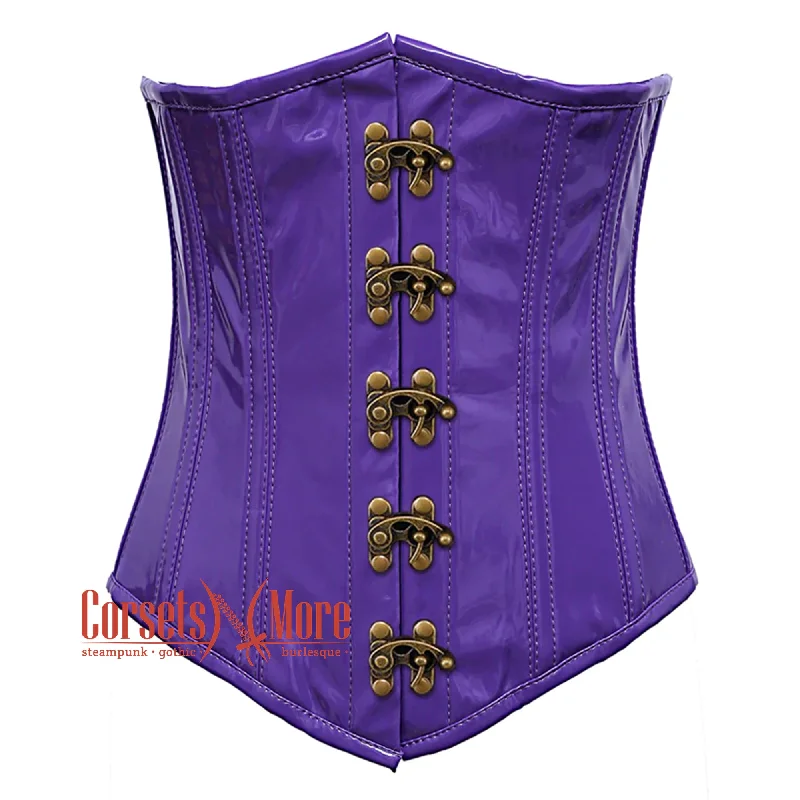 Corset with satin cord-Purple PVC Leather With Front Clasps Gothic Long Underbust Waist Training Corset