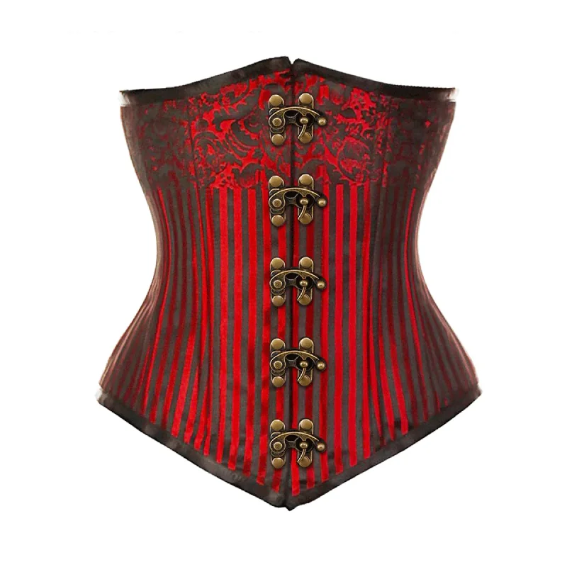 Corset in rich blush-Red Brocade Double Boned Front Antique Clasps Long Underbust Steampunk Corset