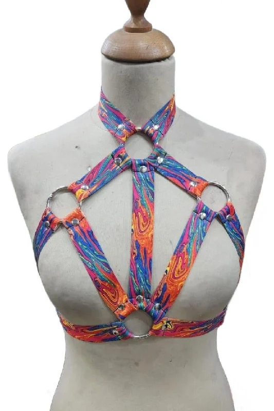 Silicone clit wave beads-Tie Dye Print Stretchy Body Harness w/Silver Hardware