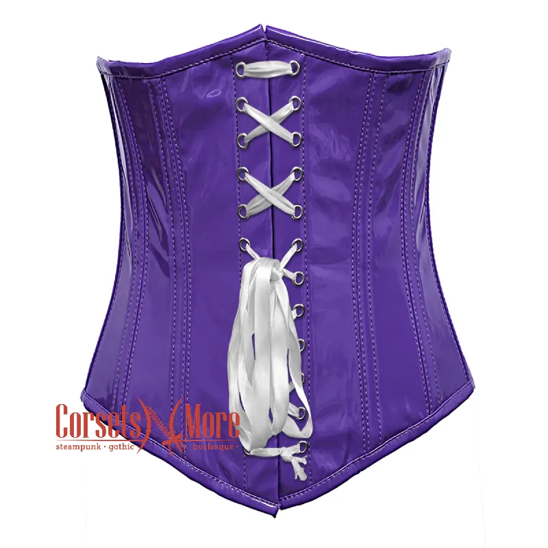 Corset for elegant glamour-Purple PVC Leather With White Lace Gothic Long Underbust Waist Training Corset