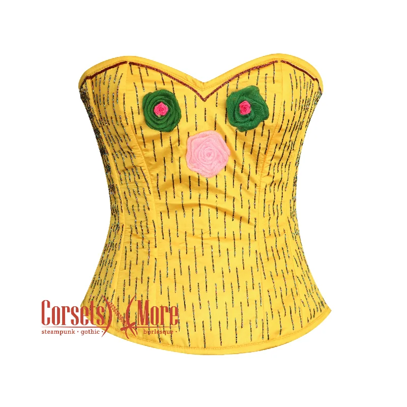 Corset dress with flared edging-Yellow Satin Flowers And Sequins Work Burlesque Gothic Costume Overbust Bustier Top