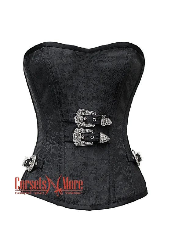 Corset top with floral hem-Black Brocade Gothic Costume Waist Training Bustier Overbust Corset Top