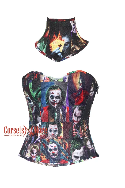 Corset top in soft sienna-Combo Joker Costume Printed Cotton Overbust Corset With Neck Collar Gothic Costume