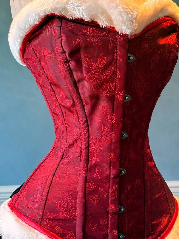 Corset for elegant shaping-Red brocade with white fur affordable Santa Christmas corset. Corset is made personally according to your measurements.