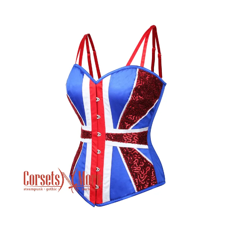 Corset dress in pale violet-Blue And White Satin With Red Sequins UK Flag Goth Burlesque Overbust Corset