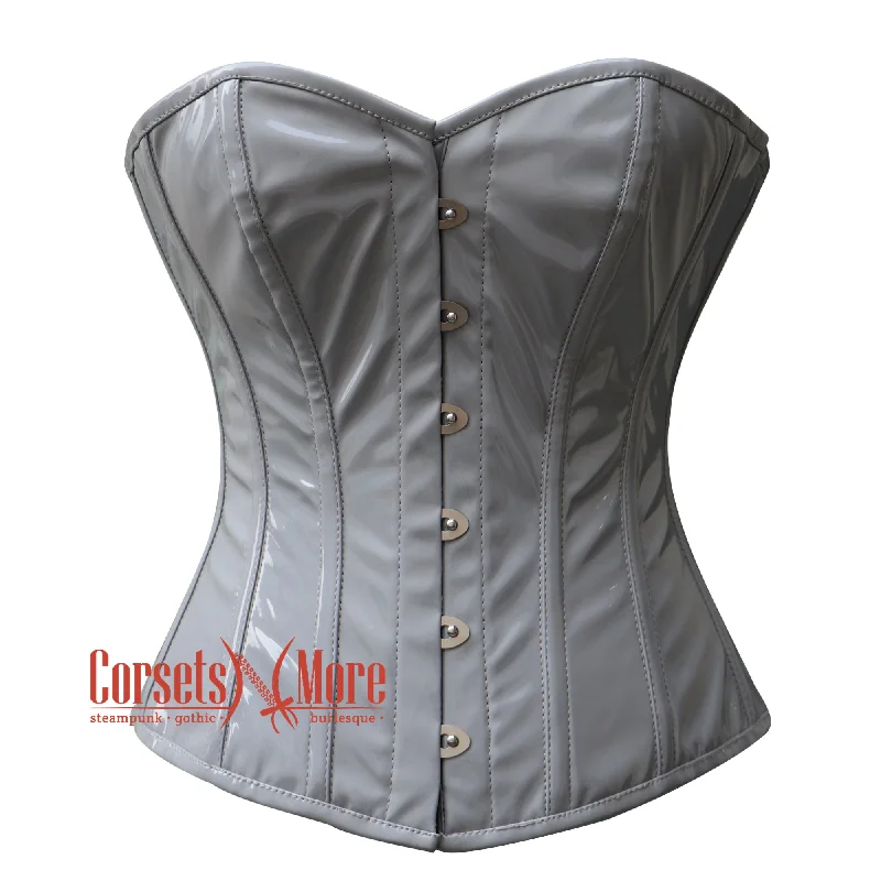 Corset with velvet cord-Grey PVC Leather Steampunk Overbust Corset