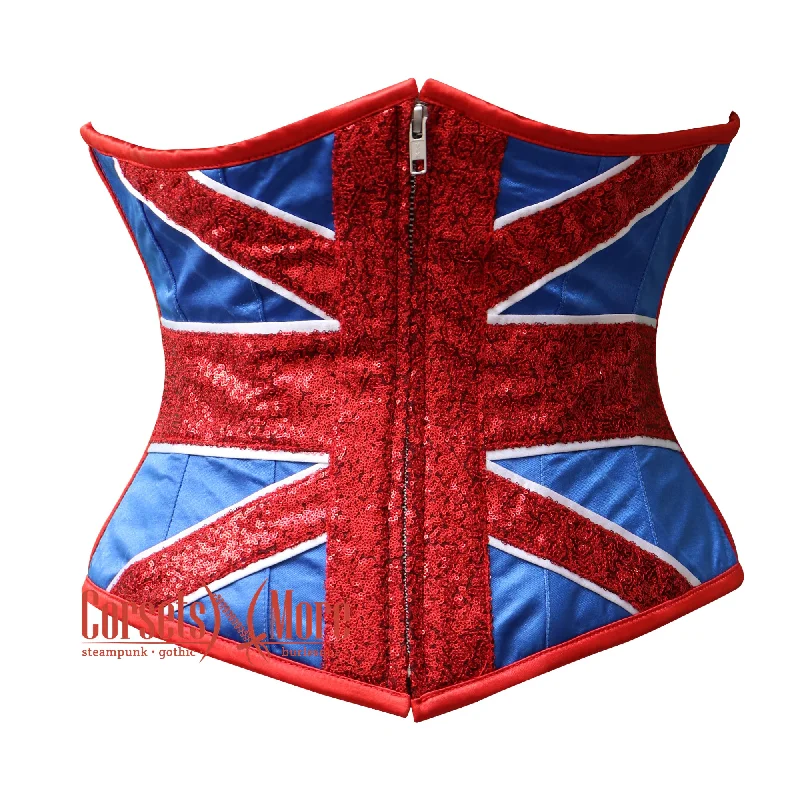 Corset for subtle glamour-Red Blue Satin Sequins UK Flag Zipper Burlesque Gothic Underbust Corset