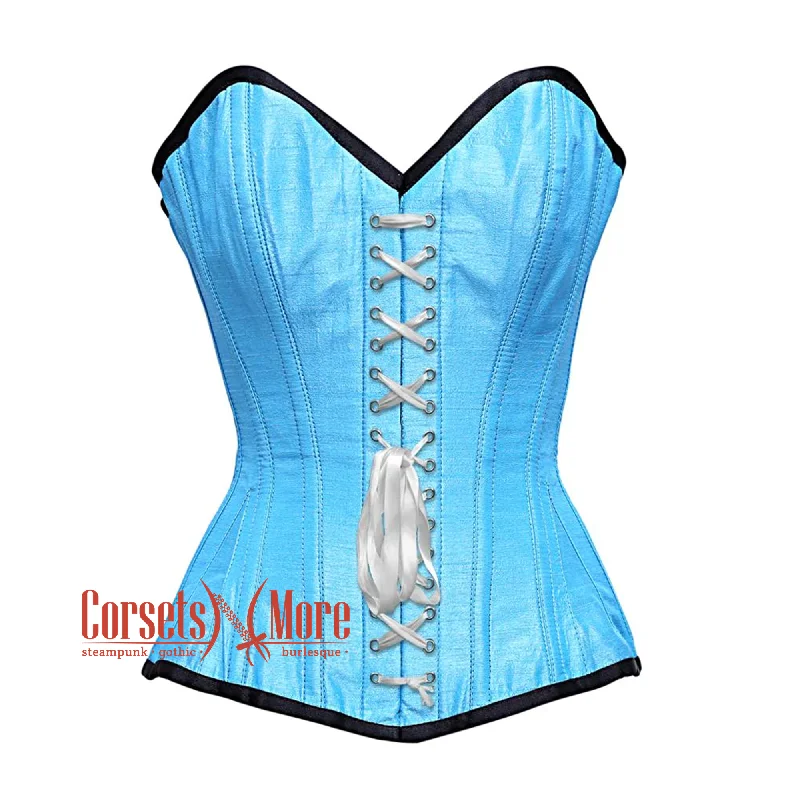 Corset with velvet ribbon-Plus Size Baby Blue Satin Burlesque Lace Design Waist Training Costume Gothic Corset Overbust Top