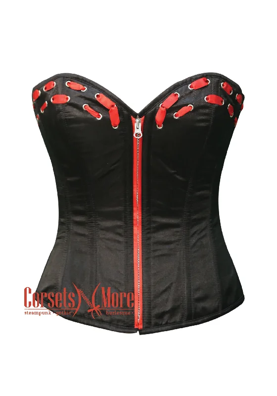 Corset dress with bow hem-Black Satin With Red Lace Front Zipper Overbust Gothic Corset Burlesque Costume