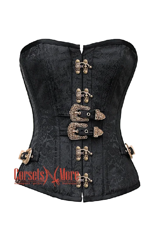 Corset for graceful shaping-Black Brocade Antique Buckles Gothic Costume Waist Training Bustier Overbust Corset Top