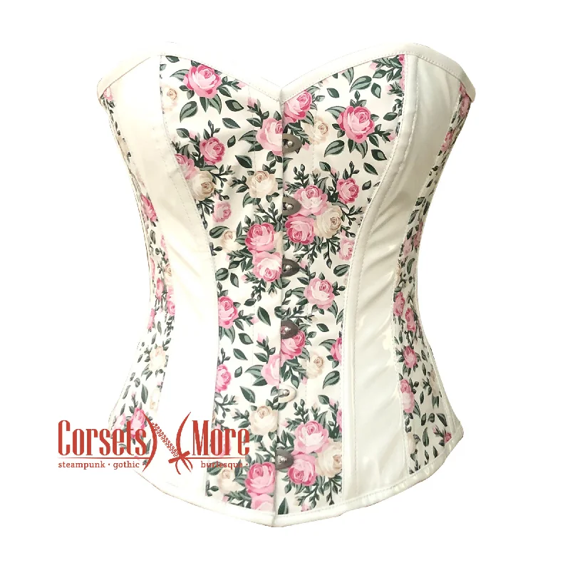 Corset with lace edging-White PVC Floral Printed Soft Leather Gothic Overbust Steampunk Corset Top