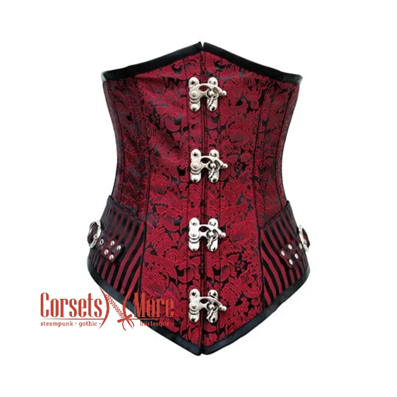 Corset with velvet hem-Red And Black Brocade Gothic Waist Training Underbust Corset