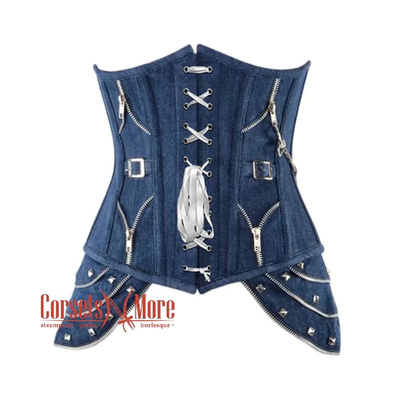 Corset for chic shaping-Blue Denim Gothic Heavy Duty Front Lace Steampunk Waist Training Underbust Corset