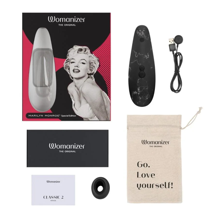 Vibrator soft glow-Womanizer MARILYN MONROE Special Edition Clitoral Suction Stimulator Black Marble