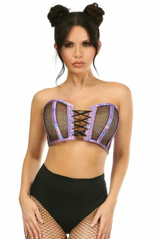 Sex toys with short shafts-Lavish Purple Holo & Fishnet Lace-Up Short Bustier Top