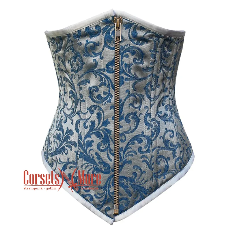 Corset dress in deep violet-Baby Blue Brocade With Antique Zipper Gothic Long Underbust Waist Training Double Bone Corset