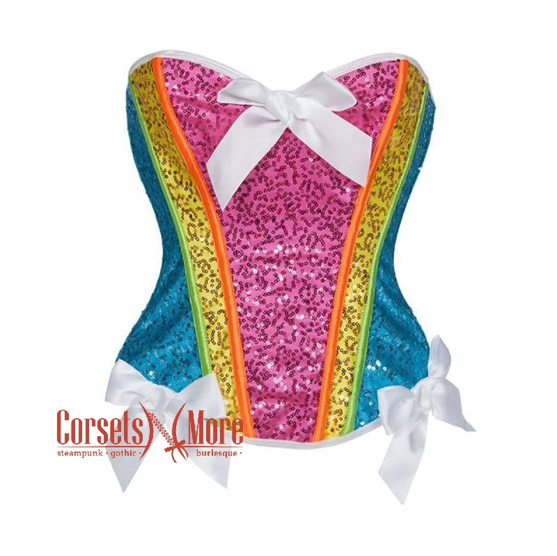 Corset in soft pewter-Purple Size Pink Blue Yellow Satin With Front White Bow Sequin Work Overbust Rainbow Corset Burlesque Top