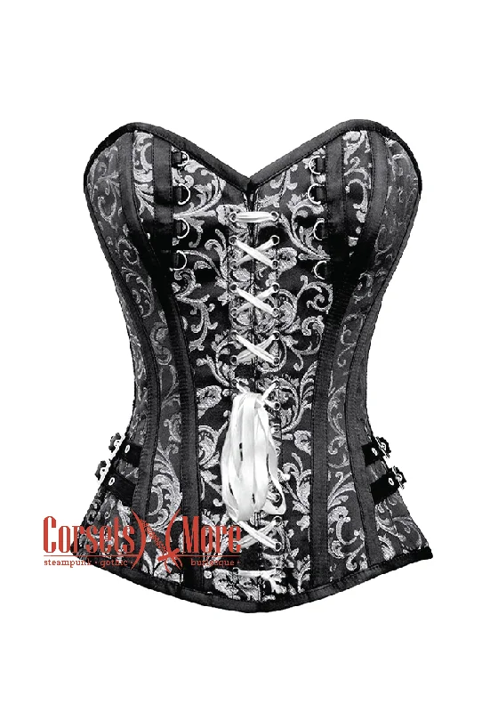 Corset in soft blush-Black and Silver Brocade Front Lace Steampunk Overbust Costume Corset