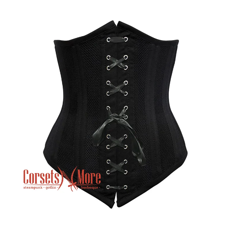 Corset for timeless allure-Black Cotton Mesh Double Boned Front Black Ribbon Long Underbust Steampunk Corset