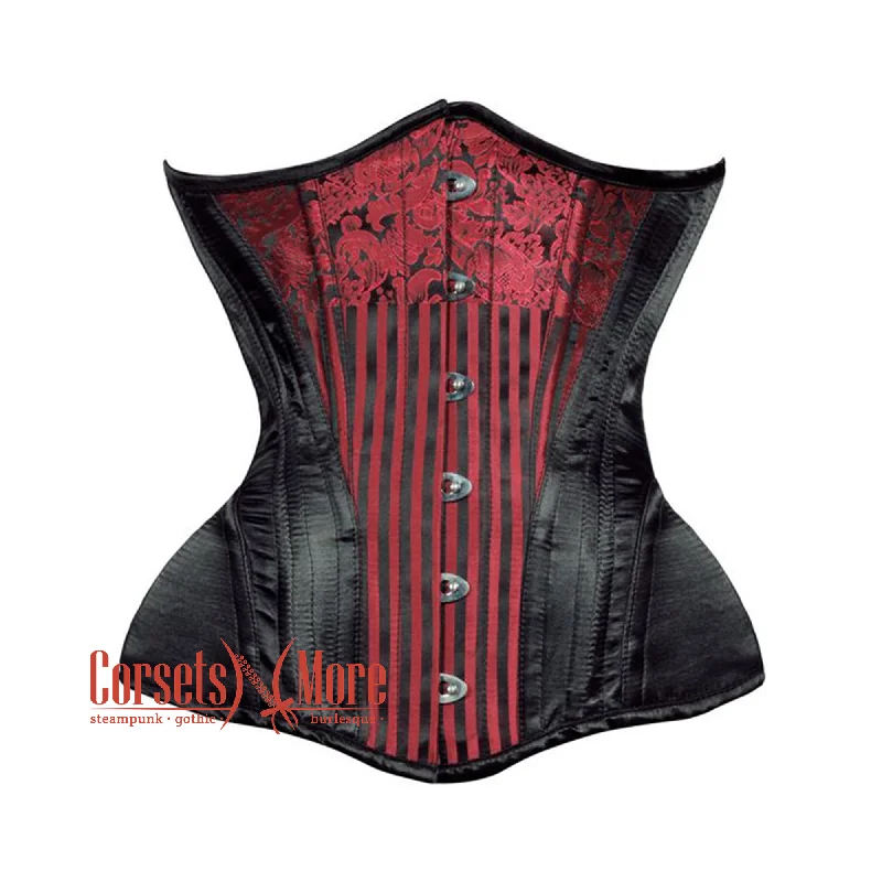 Corset with lace ribbon-Red Brocade Black Satin Double Bone Burlesque Waist Training Underbust Corset