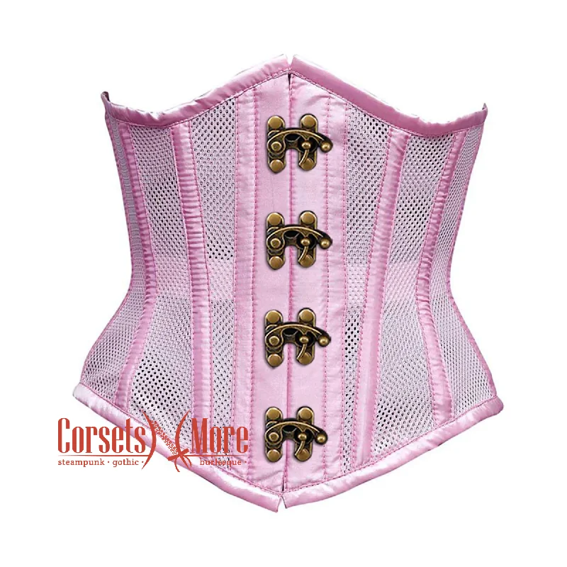 Corset in soft pewter-Baby Pink Mesh Satin Stripes Burlesque Gothic Front Antique Clasps Waist Training Underbust Corset