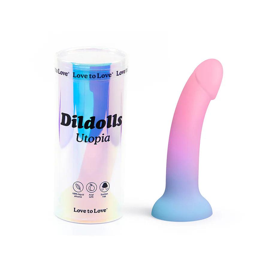 tilt-curve-dildo-Love to Love Dildolls Utopia 7 in. Silicone Dildo Gradient Pastels