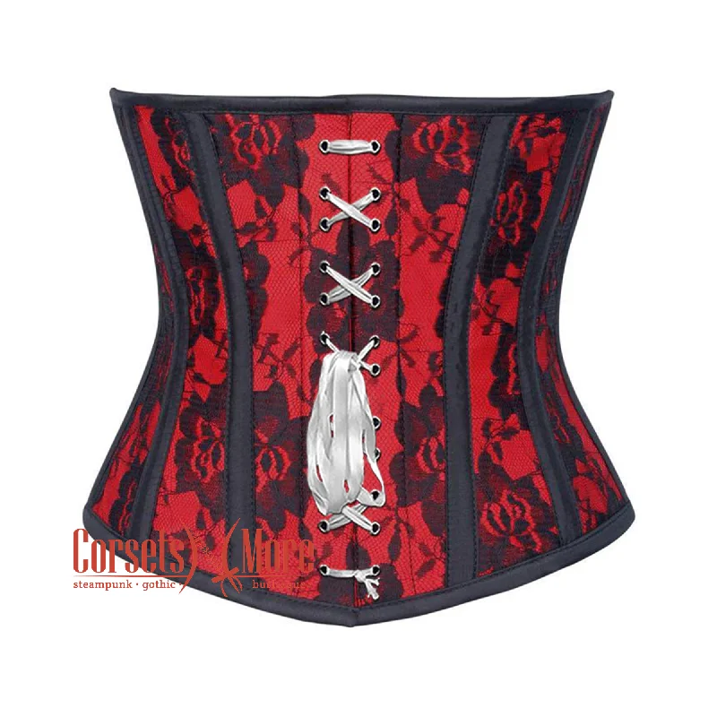 Corset top with velvet trim-Red Satin Net Overlay Gothic Waist Training Steampunk Underbust Corset