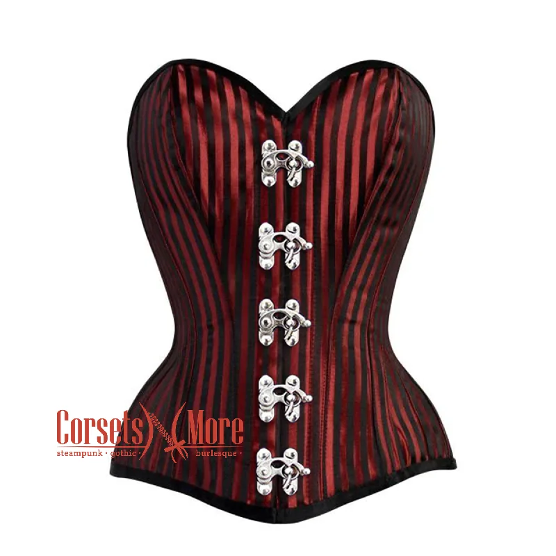 Corset for chic shaping-Red And Black Striped Brocade Silver Clasps Steampunk Costume Gothic Corset Overbust Top