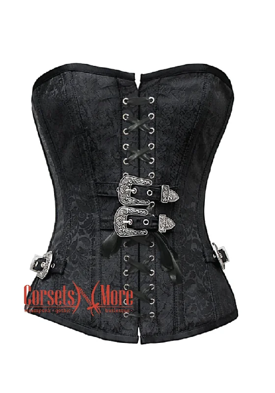 Corset for stylish shaping-Black Brocade Front Lace Gothic Costume Waist Training Bustier Overbust Corset Top