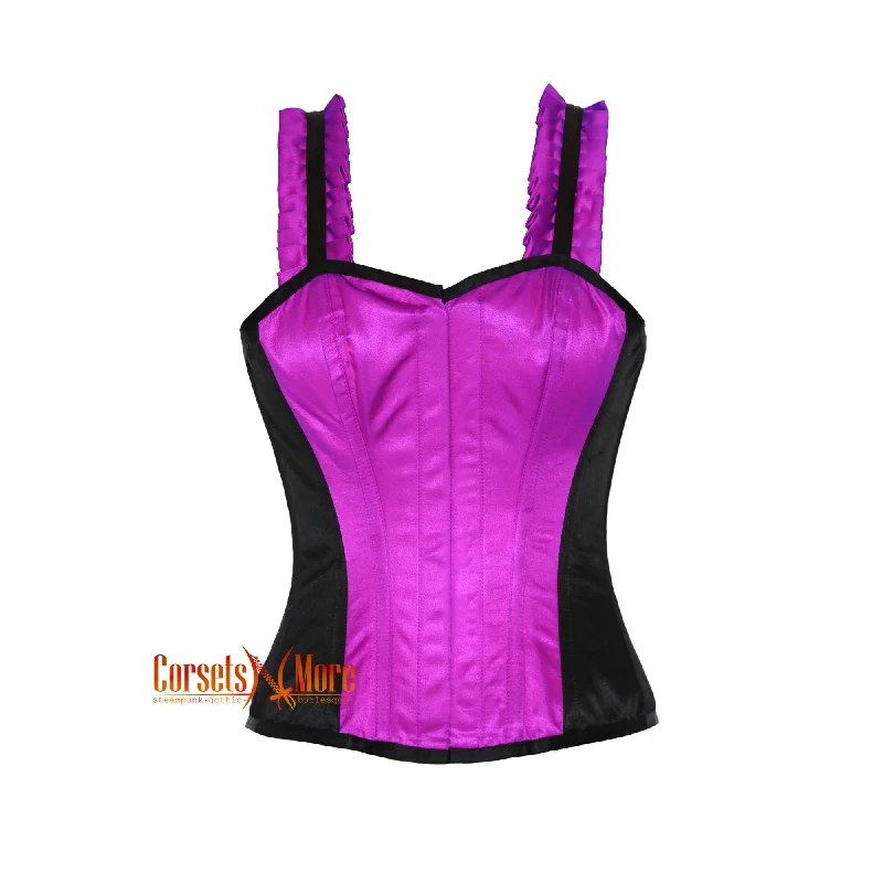 Corset for refined grace-CorsetsNmore Women’s Purple And Black Satin Corset With Shoulder  Strap Overbust Front Close Top