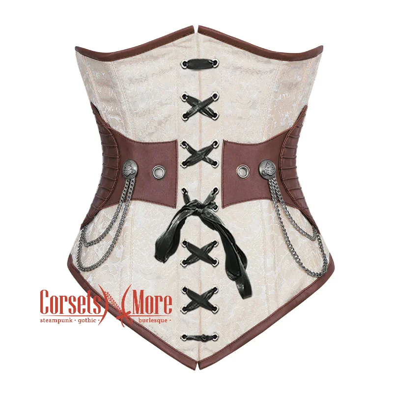 Corset with satin inserts-Ivory And White Brocade Brown Leather Front Lace Steampunk Underbust Corset