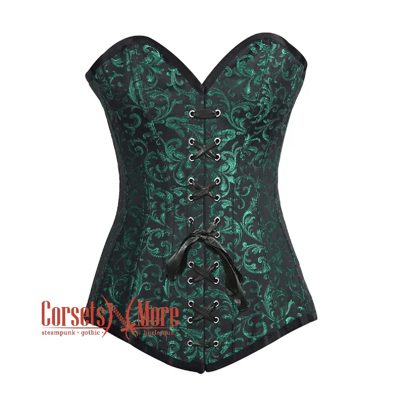 Corset top in light blush-Plus Size Green And Black Brocade Longline Front Lace Gothic Corset Burlesque Overbust Bustier Top