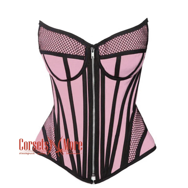 Corset with velvet edging-Baby Pink Satin black mesh Zipper Steampunk Overbust Bustier Corset