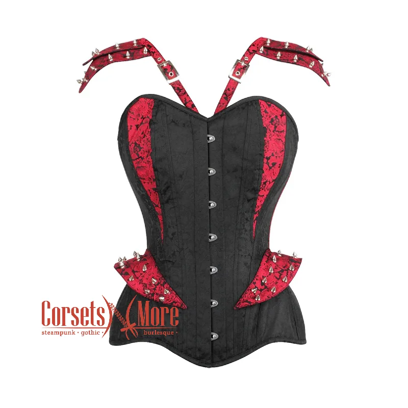 Corset in muted aqua-Black Brocade With Red Brocade Stripe On Shoulder Waist Training Steampunk Overbust Corset