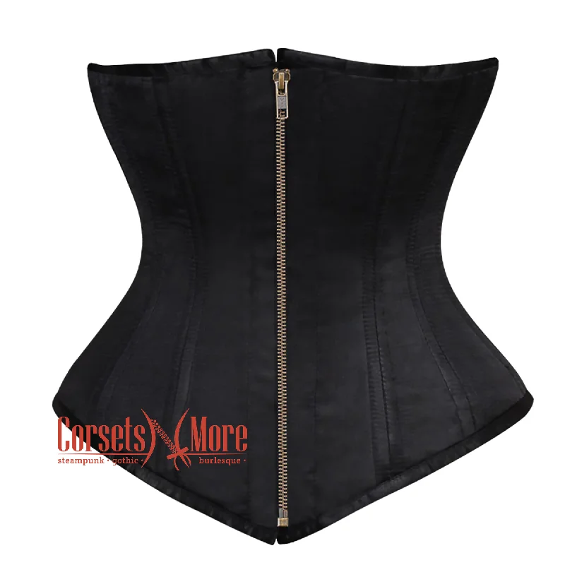 Corset in pale silver-Black Satin Double Boned Front Antique Zipper Longline Underbust Steampunk Corset