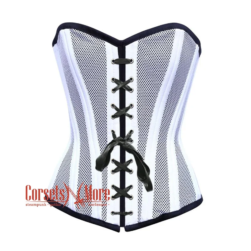 Corset top with velvet trim-Plus Size White Satin With Mesh Front Lace Double Bone Burlesque Gothic Overbust Corset Bustier Top