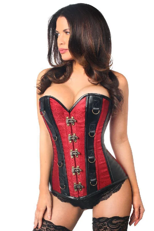 Silent wave anal toys-Top Drawer Wine Brocade & Faux Leather Steel Boned Corset