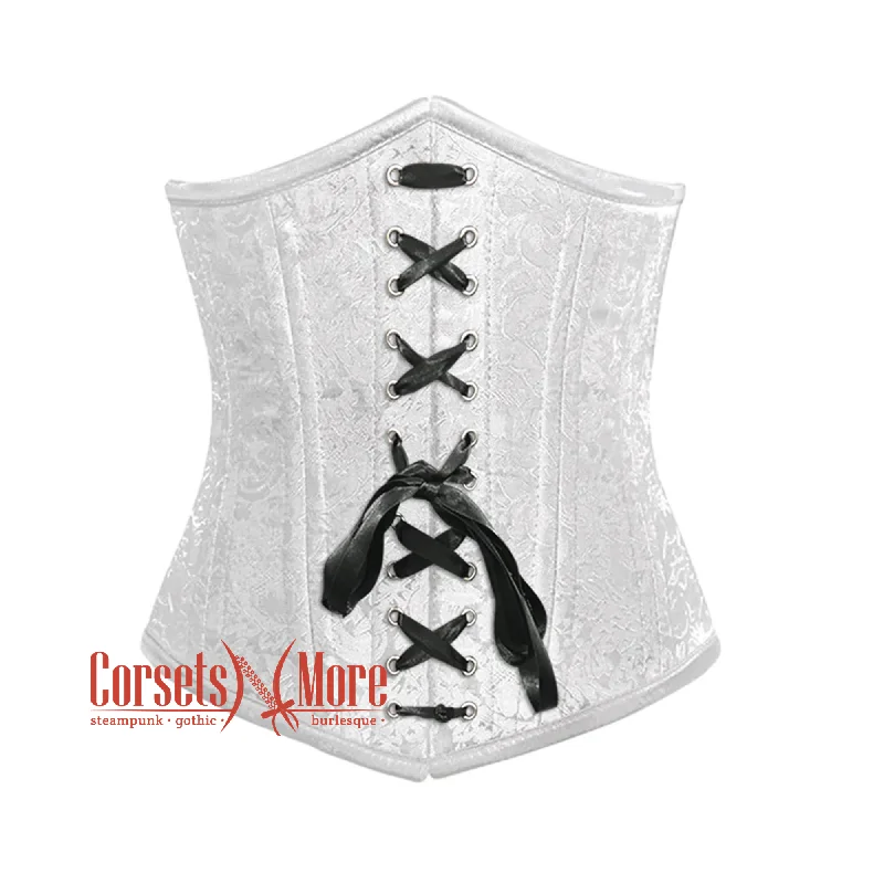 Corset with lace piping-White Brocade Front Black Lace Double Bone Steampunk Gothic Waist Training Underbust Corset Bustier Top