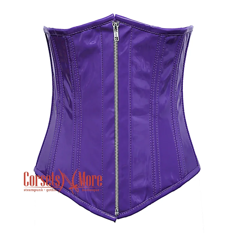 Corset with velvet ribbon-Purple PVC Leather With Front Silver Zipper Gothic Long Underbust Waist Training Corset