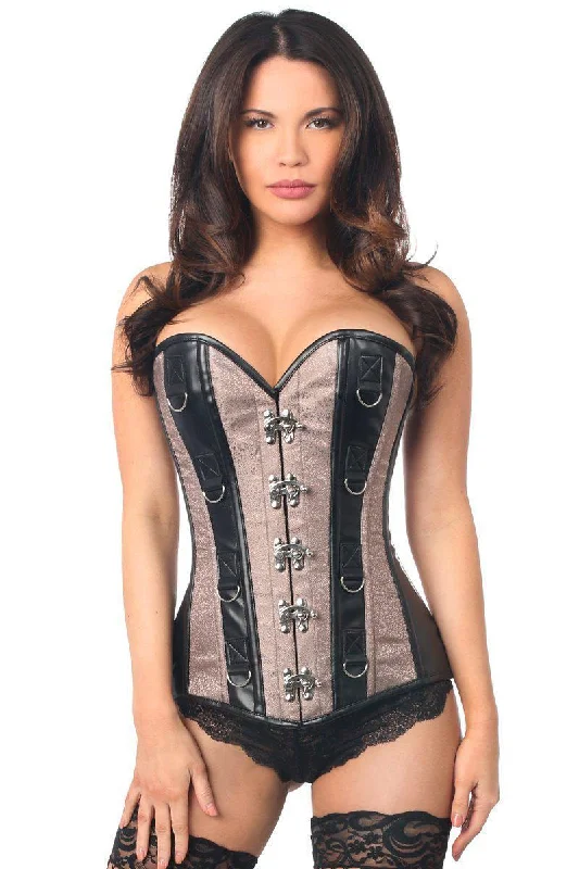 Silent prostate beads-Top Drawer Gunmetal Brocade & Faux Leather Steel Boned Corset