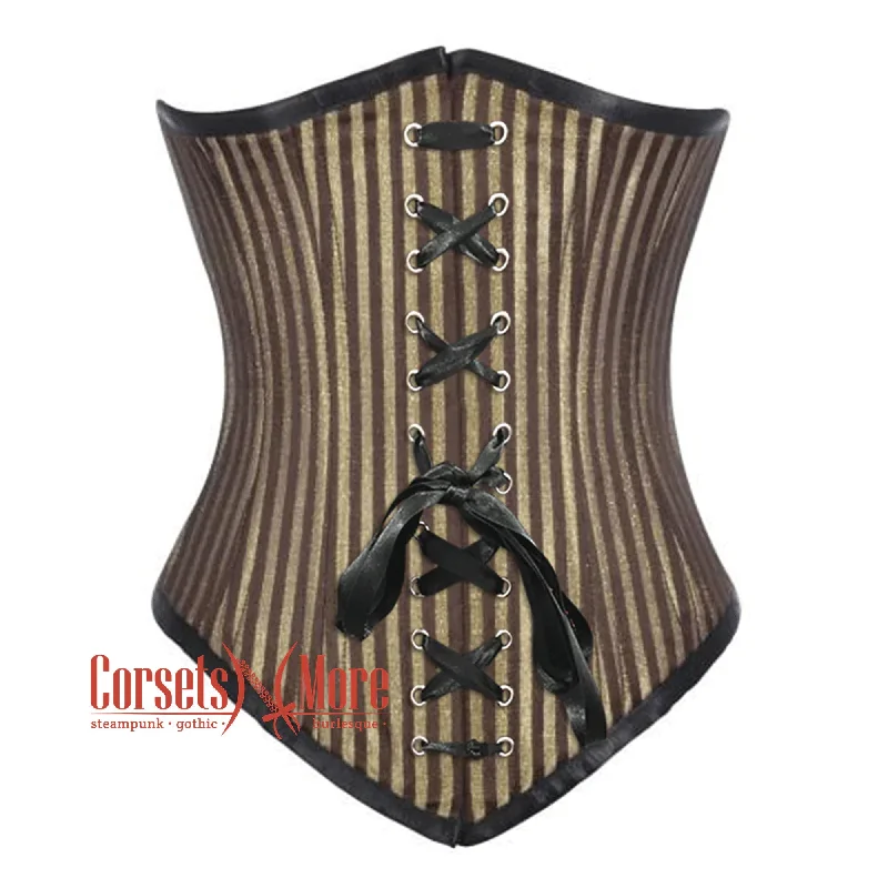 Corset top with floral piping-Plus Size Brown and Golden Brocade With Front Lace Gothic Long  Underbust Waist Training Corset