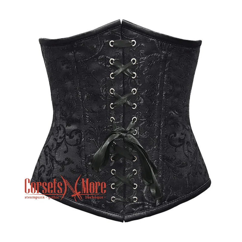 Corset in muted aqua-Black Brocade Front Ribbon Double Boned Underbust Gothic Corset