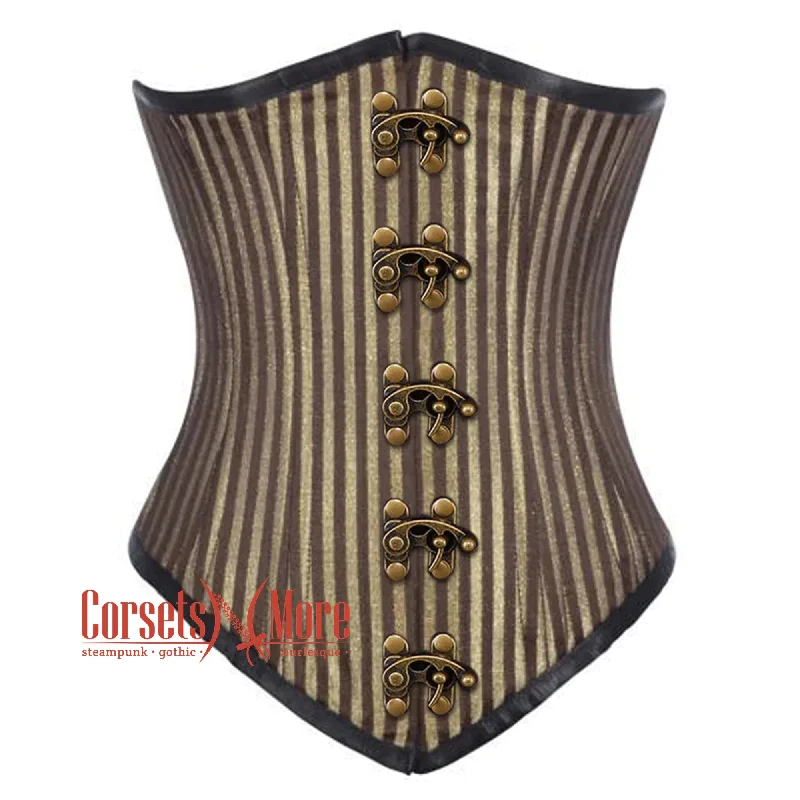 Corset dress in pale cerulean-Brown and Golden Brocade With Front Clasps Gothic Long  Underbust Waist Training Corset