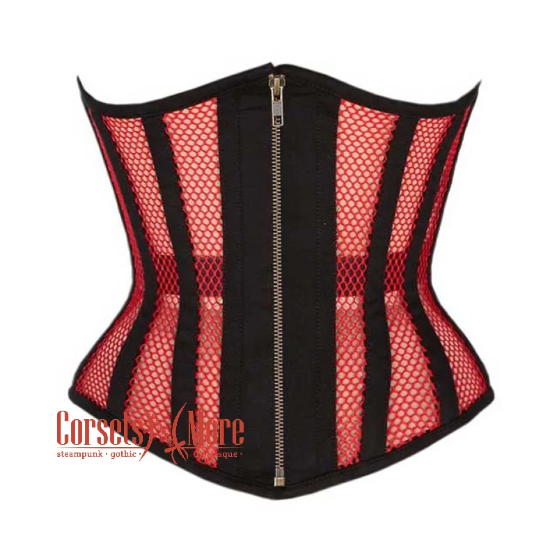 Corset dress with floral ruffle-Red Mesh Black Cotton Gothic Front Zipper Waist Training Underbust Corset