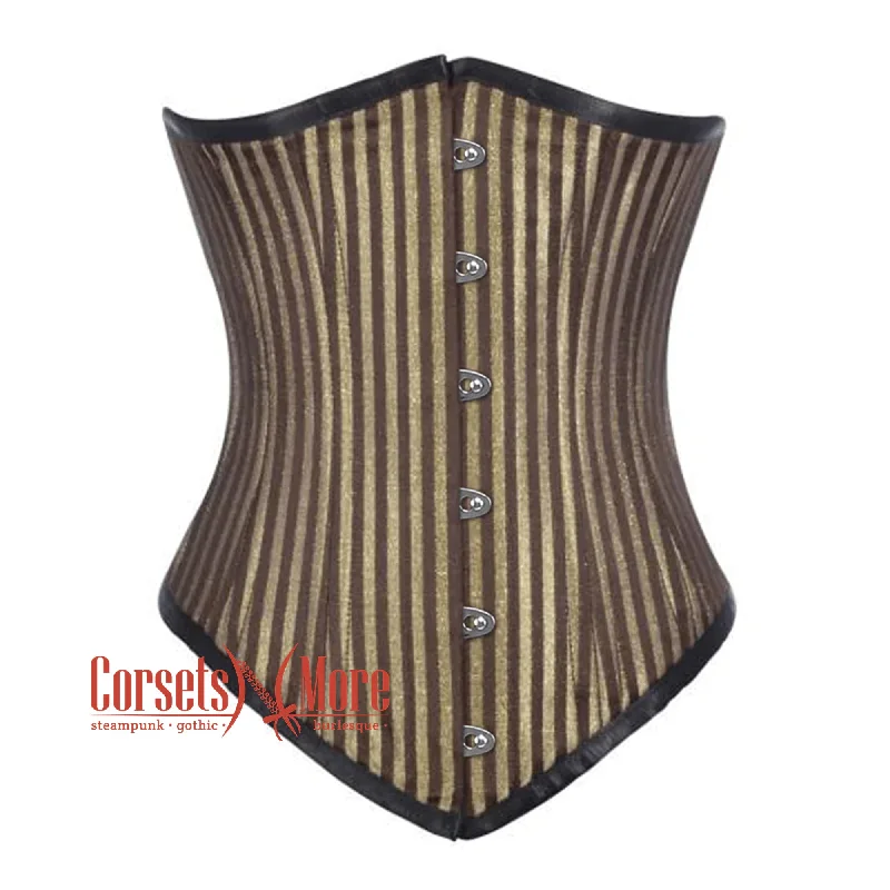 Corset for elegant contours-Brown and Golden Brocade With Front Silver Busk Gothic Long Underbust Waist Training Corset